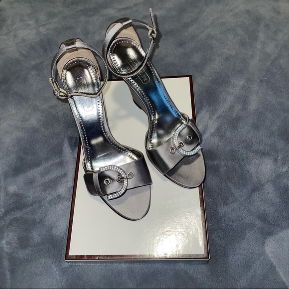 BRAND NEW Coach-Judy Satin, Size 7 Color-Silver, 3IN wedge heel with ankle strap - Picture 3 of 8